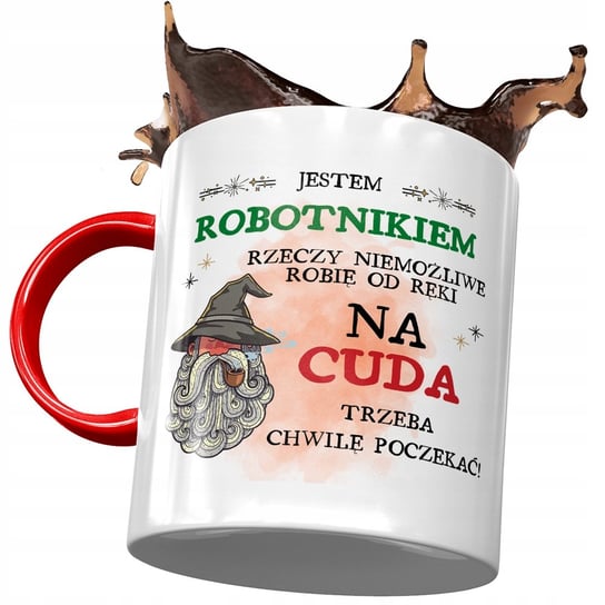 Kubek Czerwony Dla Robotnika Trzeba Poczekać z Nadrukiem ze Zdjęciem PoliDraw