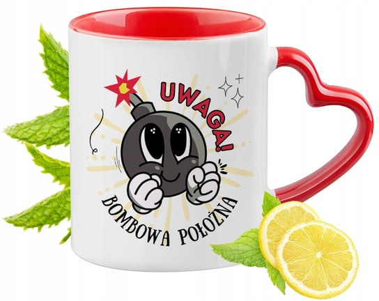 Kubek Czerwony z Uszkiem w Kształcie Serca Dla Położnej na Prezent PoliDraw