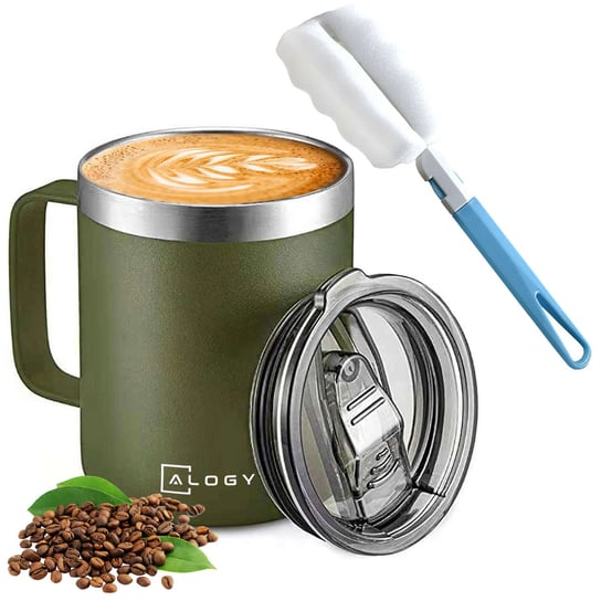 Kubek termiczny 420ml z uchwytem pokrywką na kawę herbatę stalowy zimne i ciepłe napoje Alogy Zielony + Szczotka do mycia Alogy