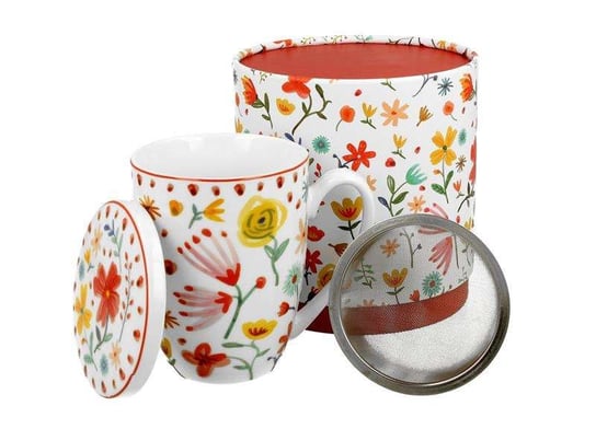 Kubek z zaparzaczem i pokrywką porcelanowy DUO PASTEL FLOWERS WHTE 420 ml DUO Gift