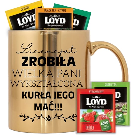 Kubek Złoty Prezent Na Obronę Pracy Licencjackiej + Herbata Loyd 8 Szt. StyleCouture