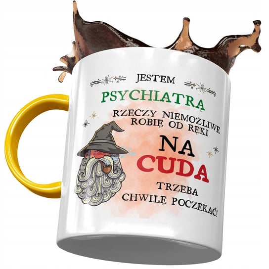 Kubek Żółty Dla Psychiatry Trzeba Chwilę Poczekać z Nadrukiem ze Zdjęciem PoliDraw