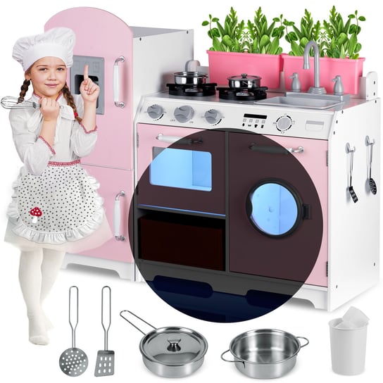 Kuchnia drewniana do zabawy dla dzieci z akcesoriami, oświetleniem, różowa, Rockids Ricokids