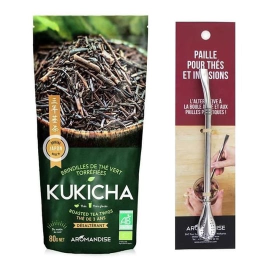 Kukicha organiczna japońska herbata w torebce 80 g + słomka ze stali nierdzewnej z filtrem Youdoit