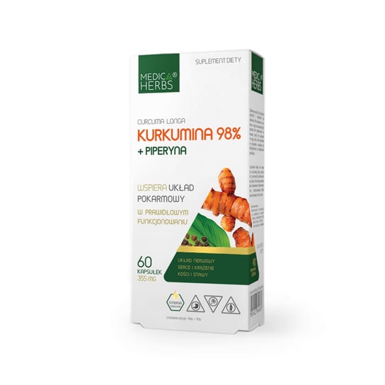 Kurkumina 98% + piperyna Suplement diety, 60 kapsułek Medica Herbs UKŁAD POKARMOWY Medica Herbs