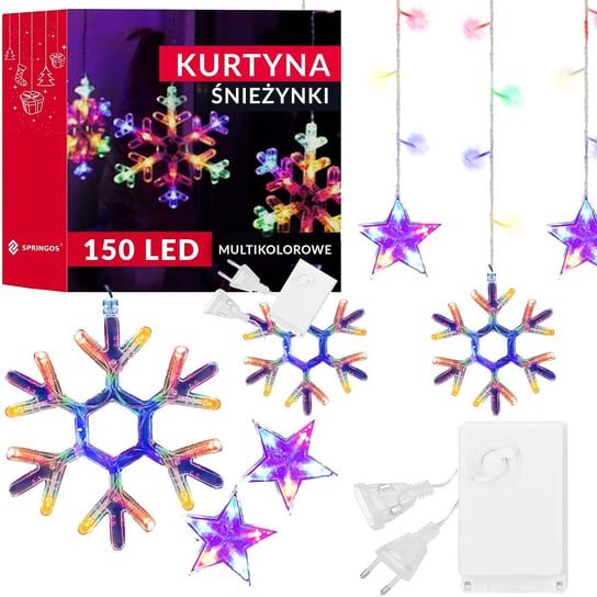 Kurtyna Świetlna 150 Led Gwiazdy Śnieżynki, Lampki Wewnętrzne Światełka Sople Multikolor Springos