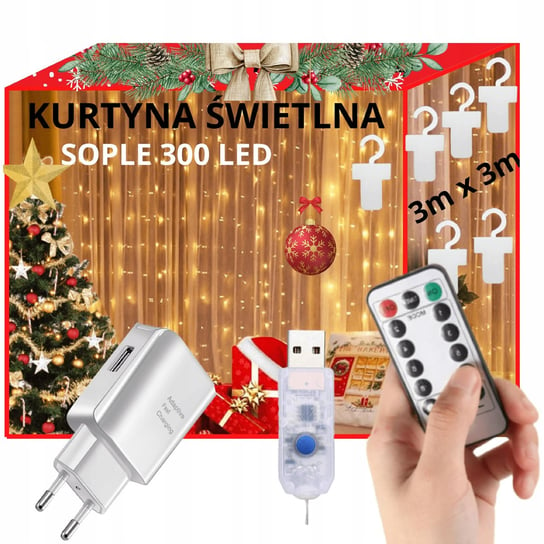 KURTYNA ŚWIETLNA 300 LED 3x3m SOPLE LAMPKI GIRLANDA PILOT DRUCIKI BIAŁE Eddcom