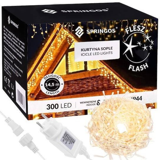 Kurtyna Świetlna 300 Led Girlanda, Lampki Wewnętrzno-Zewnętrzne Sople Biały Ciepły + Flash Springos