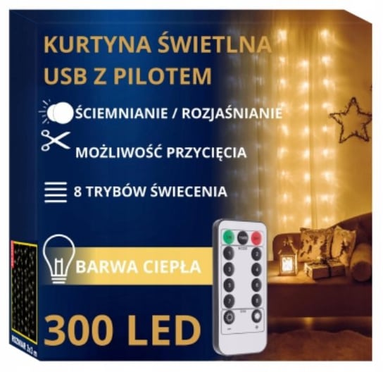 KURTYNA ŚWIETLNA LED USB Z PILOTEM LAMPKI ŚWIĄTECZNE 300 LED BIAŁY CIEPŁY Inna marka
