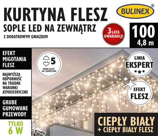 Kurtyna świetlna zewnętrzna, FLESZ, 100 punktów LED, 4,8m z dodatkowym gniazdem Bulinex