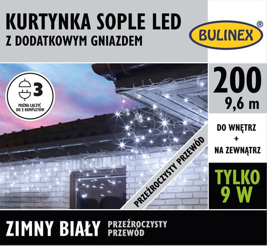 Kurtyna świetlna zewnętrzna z dodatkowym gniazdem, BULINEX, sople, 200 diod LED, 9,6 m, barwa zimna biała Bulinex