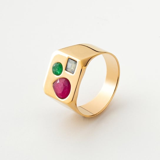 Kwadratowy pierścionek sygnet damski z kolorowymi kamieniami : ROZMIAR PIERŚCIONKA - 11 |UK:L | Φ16,00 MM, Srebro - kolor pokrycia - Pokrycie żółtym 18K złotem GIORRE