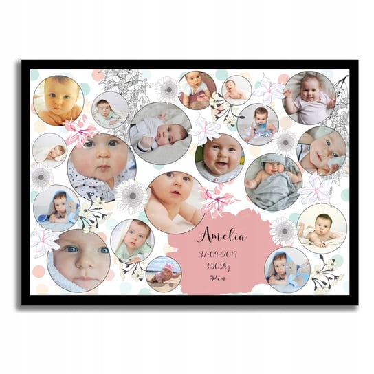 Kwiatowy kolaż ze zdjęciami, Metryczka, z datą narodzin, wagą i imieniem, Sowia Aleja Inna marka