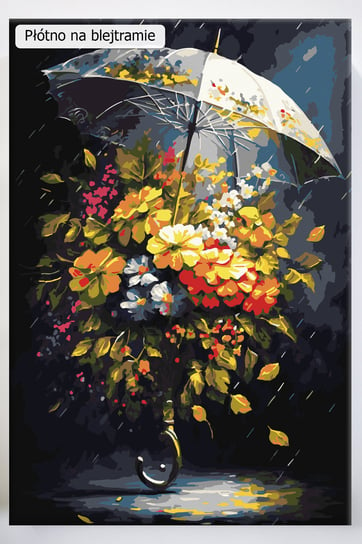 Kwiaty w deszczu, kwiaty, deszcz, parasol, bukiet, czarne tło, panorama, malowanie po numerach, blejtram Akrylowo
