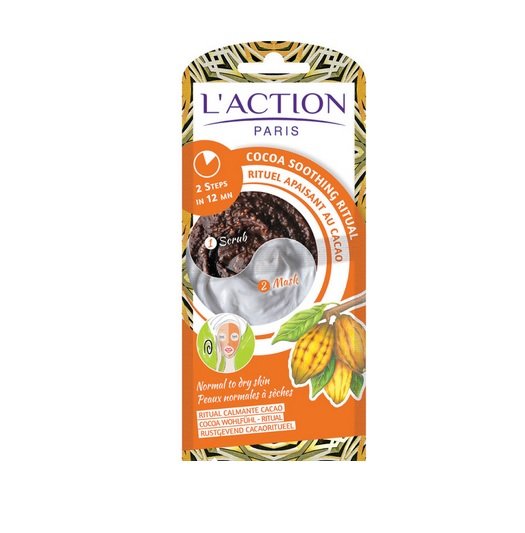 L'Action, Cocoa Soothing Ritual, peeling kojący, 8 g + maseczka przeciwstarzeniowa, 7 g L'Action