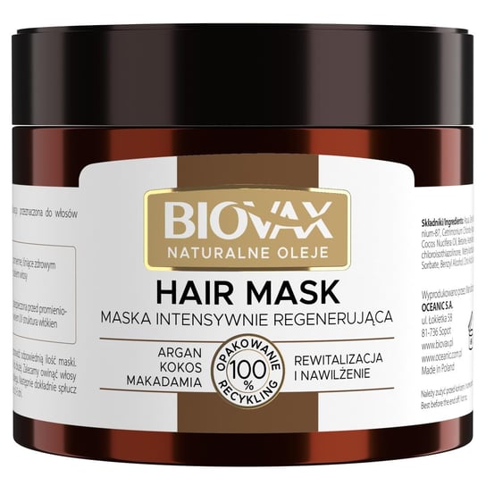 L'Biotica, Biovax, intensywnie regenerująca maseczka do włosów-Argan, Makadamia, Kokos, 250 ml LBIOTICA / BIOVAX