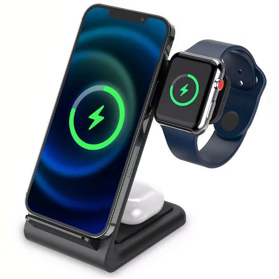 Ładowarka indukcyjna QI 15W 3w1 Wireless Charger do telefonu słuchawek zegarka Apple Watch AirPods iPhone Czarna 4kom.pl