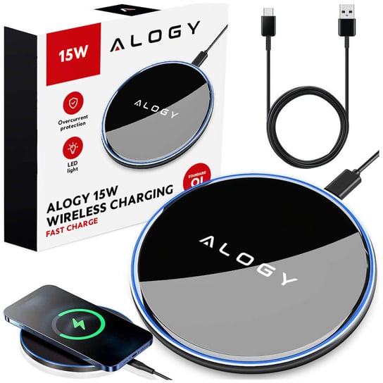 Ładowarka indukcyjna QI bezprzewodowa 15W szybka LED Alogy okrągła do iPhone + kabel USB-C Czarna Alogy