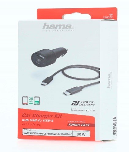 Ładowarka samochodowa HAMA Power Delivery (PD)/Qualcomm® 30W + USB A + KABEL Type-C Hama
