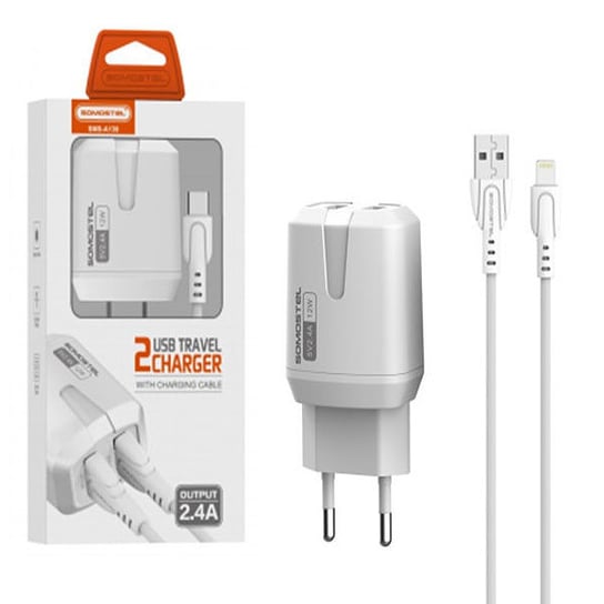 ŁADOWARKA SIECIOWA 2.4A + KABEL IPHONE BIAŁA SOMOSTEL 2400mA 2XUSB DUAL SMS-A139 Somostel