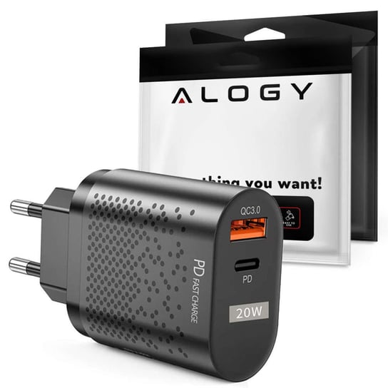Ładowarka sieciowa Alogy szybka USB + USB-C Type C QC 3.0 PD 20W Czarna + Kabel 1m USB-C Alogy