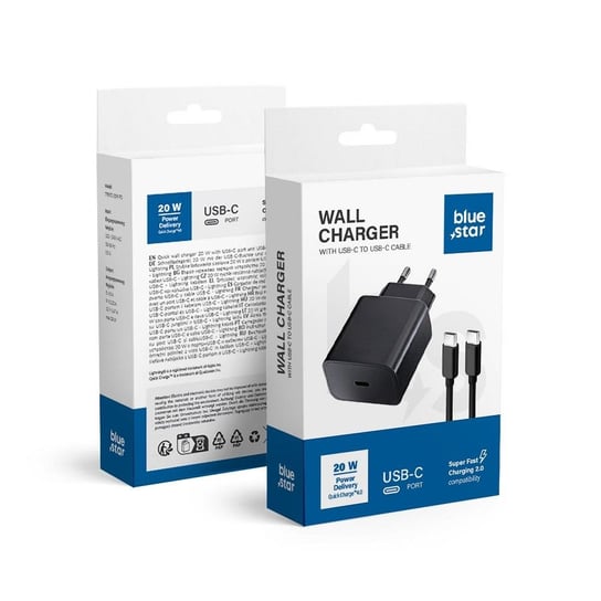 Ładowarka Sieciowa Blue Star ze złączem USB C i kablem typ C - 3A 20W z funkcją ładowania PD i QC 4.0 Inna marka