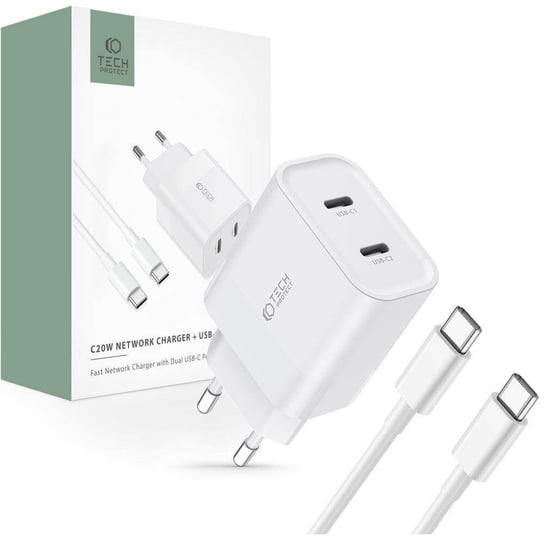 Ładowarka Sieciowa Pd 20W 2X Usb-C + Kabel Usb-C - Usb-C Tech-Protect C20W Biała Inna marka