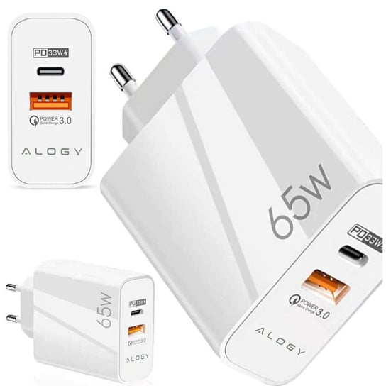 Ładowarka sieciowa szybka USB-A QC 3.0 Quick Charge + USB-C PD 33W 65W Alogy Biała Alogy