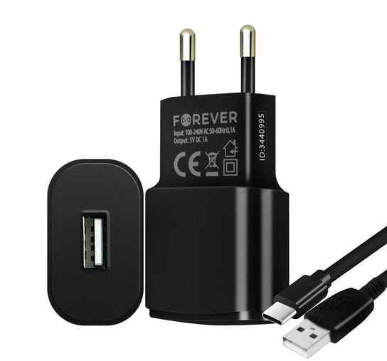 Ładowarka sieciowa USB 1 A Bezpieczne ładowanie Kabel USB typu C 1,2 m — Forever, czarny Forever