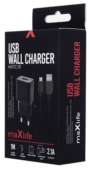 Ładowarka sieciowa zasilacz 2.1A Maxlife +kabel Micro USB Fast Charge czarna Nemo