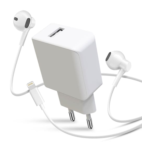 Ładowarka USB 2.1A i słuchawki przewodowe Błyskawiczna biel Avizar