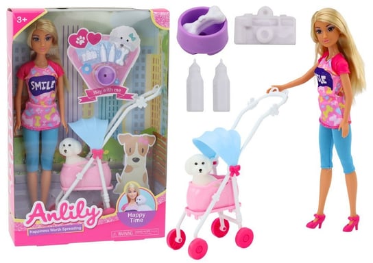 Lalka Anlily z Pieskiem W Wózku Butelki Miska Kość Aparat Lean Toys