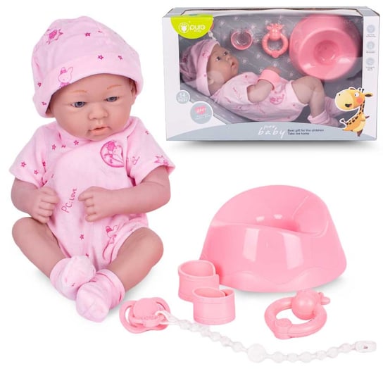 Lalka gumowa niemowlak z akcesoriami do opieki - nocnik, smoczek z łańcuszkiem w zestawie Inna marka