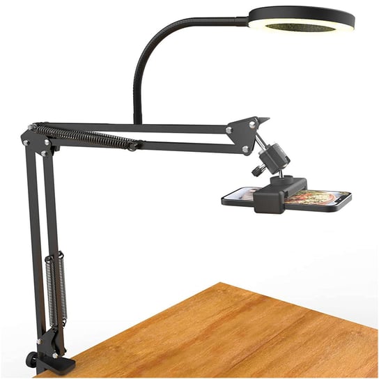 Lampa kreślarska Ring LED Alogy z elastycznym ramieniem i statywem do blatu biurka uchwyt na telefon Czarna 4kom.pl