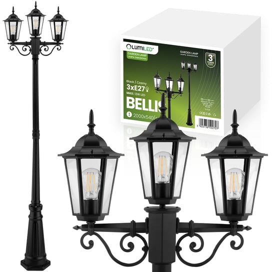 Lampa Ogrodowa Zewnętrzna 3Xe27 Słupek Latarnia 2M Czarna Bellis Lumiled Lumiled