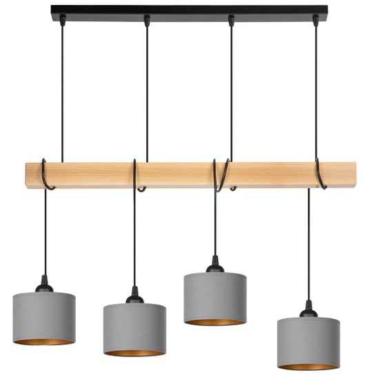 Lampa wisząca BELKA DREWNIANA buk 4x mini ABAŻUR szary złoty Tornado