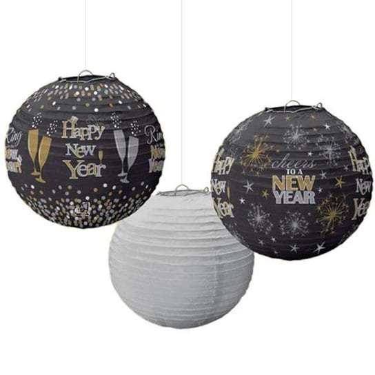 Lampion papierowy Happy New Year czarny, 24 cm, 3 sztuki Amscan