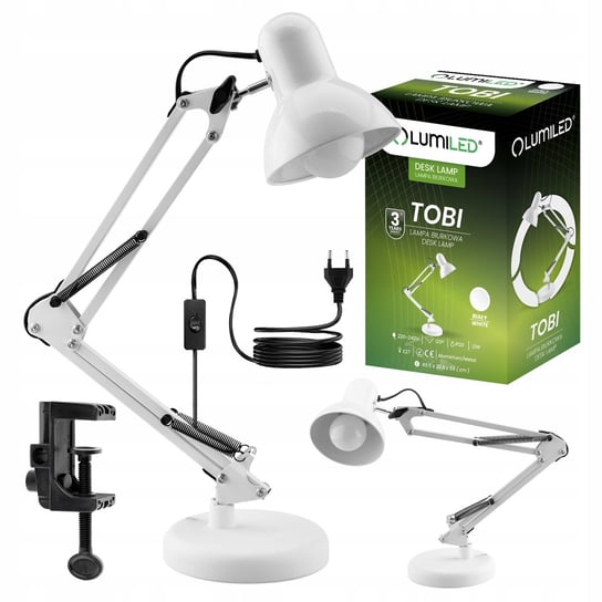 Lampka Biurkowa Kreślarska Stołowa E27 Tobi Biała Lumiled + Uchwyt Na Blat Lumiled
