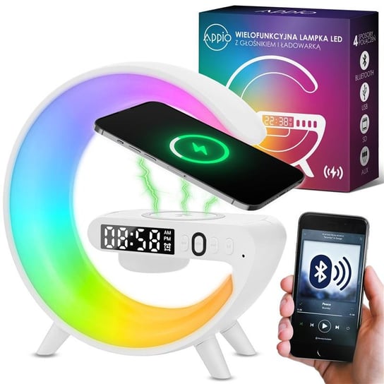 Lampka LED Gamingowa RGB Głośnik Indukcyjna Ładowarka Qi Zegar Radio Budzik APPIO