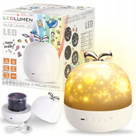 Lampka Nocna JABŁKO Projektor Rzutnik Gwiazd LED Dla Dzieci Do Sypialni USB LEDLUMEN