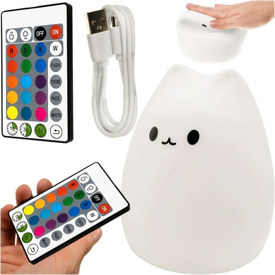 Lampka nocna LED RGB dla dzieci kotek kot akumulatorowa USB 16 kolorów silikonowa dotykowa biała 4kom.pl