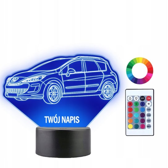 Lampka Nocna Samochód Auto Peugeot 308 Twój Napis Grawer Prezent 3D LED Plexido