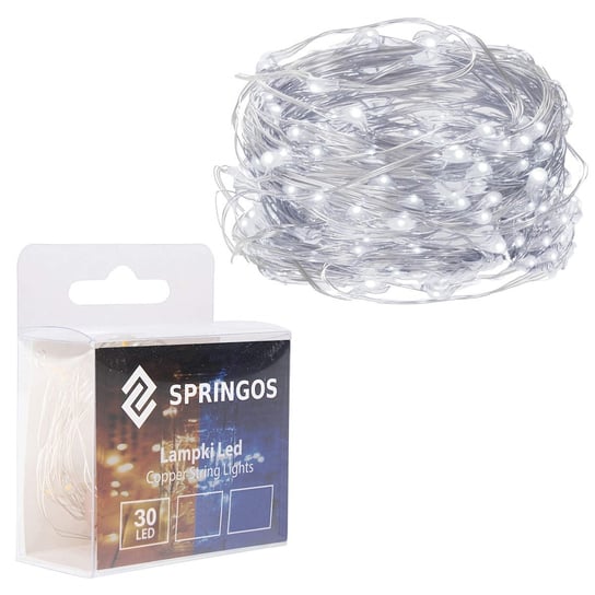 Lampki choinkowe 30 Led zimny biały druciki mikro na baterie Springos