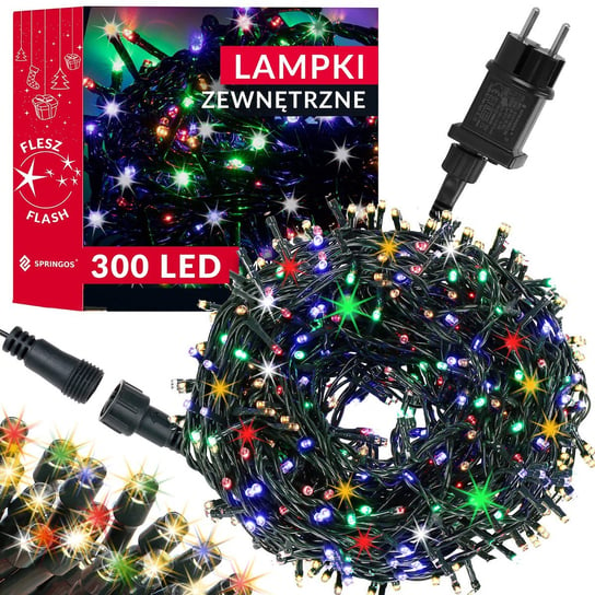 Lampki choinkowe 300 LED 15 m multikolor + flash zewnętrzne oświetlenie świąteczne Springos