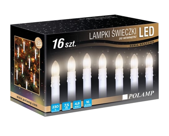 Lampki choinkowe świeczki LED POLAMP, 16 diod LED, 6,5 m, 4,8 W, barwa biała ciepła, zielony kabel Polamp