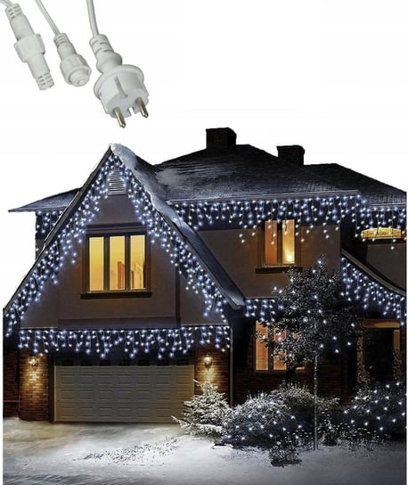 Lampki Choinkowe Zewnętrzne Sople Kurtyna Białe Zimne+ błysk 300 LED 14 m ASJ Commerce