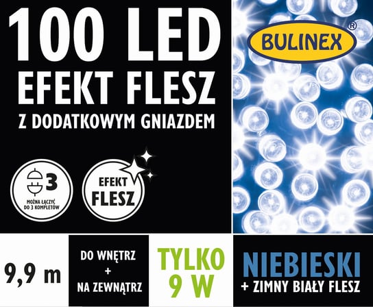 Lampki Led Bulinex 100Led Niebiesko-Białe  Długość 9.9M Efekt Flesz Z Dodatkowym Gniazdem Bulinex