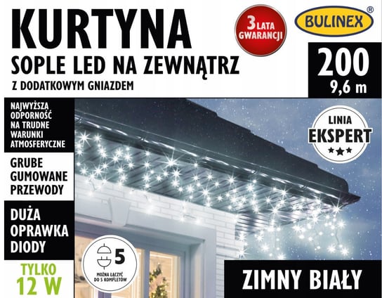 Lampki LED Bulinex kurtyna sople 200led biały zimny 9.6m biały gruby przewód Bulinex