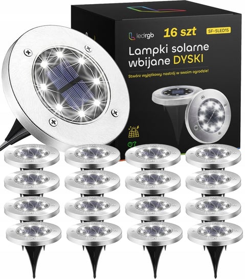 LAMPKI SOLARNE LED ŚWIECĄCY DYSK x16 OGRODOWE WBIJANE GRUNTOWE Z CZUJNIKIEM ledrgb