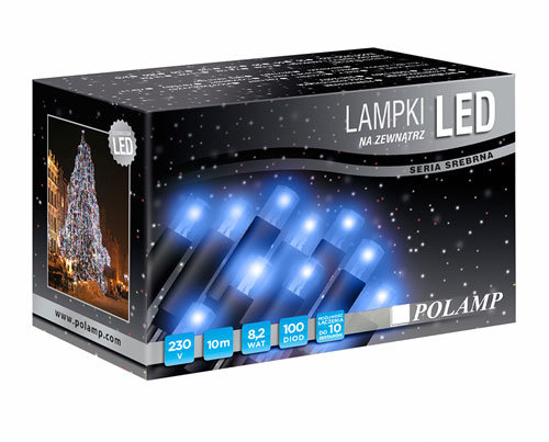 Lampki zewnętrzne POLAMP, 100 diod LED, 10 m, 3,3 W, barwa niebieska, kabel zielony Polamp